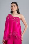 Anamika Khanna_Fuchsia Satin Embroidery One Shoulder, Bandeau Neck Cape And Pant Set _at_Aza_Fashions