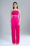 Buy_Anamika Khanna_Fuchsia Satin Embroidery One Shoulder, Bandeau Neck Cape And Pant Set 