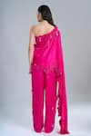 Anamika Khanna_Fuchsia Satin Embroidery One Shoulder, Bandeau Neck Cape And Pant Set _Online_at_Aza_Fashions