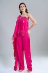 Shop_Anamika Khanna_Fuchsia Satin Embroidery One Shoulder, Bandeau Neck Cape And Pant Set 