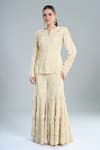 Buy_Anamika Khanna_Ivory Embroidery, Fringe Split V-neck Peplum Top And Sharara Set _at_Aza_Fashions