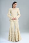 Buy_Anamika Khanna_Ivory Embroidery, Fringe Split V-neck Peplum Top And Sharara Set _Online_at_Aza_Fashions