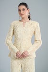 Anamika Khanna_Ivory Embroidery, Fringe Split V-neck Peplum Top And Sharara Set _at_Aza_Fashions