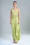 Anamika Khanna_Green Embroidery Mandarin Collar Lime Shirt And Draped Skirt Set _at_Aza_Fashions