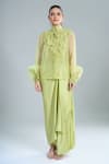Buy_Anamika Khanna_Green Embroidery Mandarin Collar Lime Shirt And Draped Skirt Set 