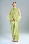 Buy_Anamika Khanna_Green Embroidery Mandarin Collar Lime Shirt And Draped Skirt Set _at_Aza_Fashions