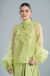 Anamika Khanna_Green Embroidery Mandarin Collar Lime Shirt And Draped Skirt Set _Online
