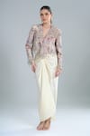 Shop_Anamika Khanna_Ivory Beads, Sequins V-neck Embroidered Short Jacket And Draped Skirt Set _Online_at_Aza_Fashions