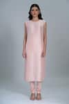 Anamika Khanna_Pink Embroidery Round Neck Straight Kurta Set _at_Aza_Fashions