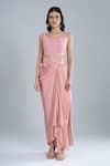 Buy_Anamika Khanna_Rose Gold Chiffon Embroidery Mandarin Collar, Pink Shirt And Draped Skirt Set _Online_at_Aza_Fashions