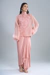 Buy_Anamika Khanna_Rose Gold Chiffon Embroidery Mandarin Collar, Pink Shirt And Draped Skirt Set _at_Aza_Fashions