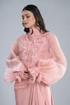 Shop_Anamika Khanna_Rose Gold Chiffon Embroidery Mandarin Collar, Pink Shirt And Draped Skirt Set 