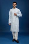 Rohit Bal_Blue Chanderi Floral Vine Embroidered Kurta Set _at_Aza_Fashions
