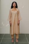 Buy_KAJAL AGRAWAL_Beige Chanderi Silk Embroidery Round Neck Arya Kurta Set _Online_at_Aza_Fashions