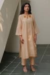 Buy_KAJAL AGRAWAL_Beige Chanderi Silk Embroidery Round Neck Arya Kurta Set _at_Aza_Fashions