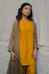 Shop_KAJAL AGRAWAL_Mustard Silk, Embroidery Round Neck Tara Jacket Kurta Set _at_Aza_Fashions
