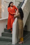 KAJAL AGRAWAL_Mustard Silk, Embroidery Round Neck Tara Jacket Kurta Set _at_Aza_Fashions