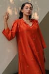 Shop_KAJAL AGRAWAL_Rust Chanderi Silk Embroidery V-neck Aryahi Kurta Set _at_Aza_Fashions