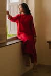 Shop_KAJAL AGRAWAL_Red Chanderi Silk Embroidery Round Neck Ishara Straight Kurta Set _at_Aza_Fashions