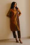 Shop_KAJAL AGRAWAL_Brown Silk, Round Neck Trishala Color Block Kurta Set _at_Aza_Fashions