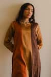 Shop_KAJAL AGRAWAL_Brown Silk, Round Neck Trishala Color Block Kurta Set _Online_at_Aza_Fashions