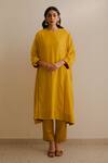 Shop_KAJAL AGRAWAL_Yellow Chanderi Silk Round Neck Akhil Handwoven Kurta Set _Online_at_Aza_Fashions