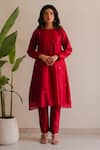 Buy_KAJAL AGRAWAL_Red Chanderi Silk Embroidery Round Neck Nihara Kurta And Trouser Set _at_Aza_Fashions