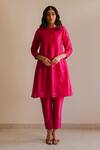 Shop_KAJAL AGRAWAL_Pink Chanderi Silk Embroidery Round Neck Ariya Kurta And Trouser Set _at_Aza_Fashions