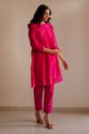 Shop_KAJAL AGRAWAL_Pink Chanderi Silk Embroidery Round Neck Ariya Kurta And Trouser Set _Online_at_Aza_Fashions