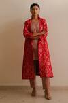 Buy_KAJAL AGRAWAL_Red Brocade, Tissue Embroidery Round Neck Idunn Butti Pattern Jacket Kurta Set _at_Aza_Fashions