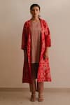 Buy_KAJAL AGRAWAL_Red Brocade, Tissue Embroidery Round Neck Idunn Butti Pattern Jacket Kurta Set _Online_at_Aza_Fashions