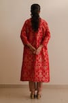 Shop_KAJAL AGRAWAL_Red Brocade, Tissue Embroidery Round Neck Idunn Butti Pattern Jacket Kurta Set _at_Aza_Fashions