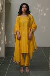 Shop_KAJAL AGRAWAL_Yellow Chanderi Silk Round Neck Shubha Butti Pattern Kurta Set _at_Aza_Fashions