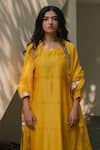 Shop_KAJAL AGRAWAL_Yellow Chanderi Silk Round Neck Shubha Butti Pattern Kurta Set _Online_at_Aza_Fashions