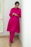 Buy_KAJAL AGRAWAL_Pink Satin, Silk Embroidery Round Neck Saher Straight Kurta And Trouser Set _at_Aza_Fashions