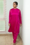 Shop_KAJAL AGRAWAL_Pink Satin, Silk Embroidery Round Neck Saher Straight Kurta And Trouser Set _at_Aza_Fashions