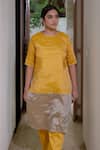 Buy_KAJAL AGRAWAL_Yellow Round Neck Nalini Color Block Kurta And Trouser Set _Online_at_Aza_Fashions