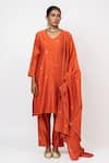 Shop_KAJAL AGRAWAL_Rust , Silk Embroidery V-neck Umber Butti Pattern Kurta Set _at_Aza_Fashions