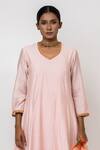 Shop_KAJAL AGRAWAL_Pink Chanderi Silk, Organza V-neck Swan Handwoven Kurta Set _Online_at_Aza_Fashions