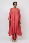 Shop_KAJAL AGRAWAL_Peach Chanderi , Organza, Embroidery Round Neck Medusa Hand Kurta Set _Online_at_Aza_Fashions