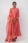 Buy_KAJAL AGRAWAL_Peach Chanderi , Organza, Embroidery Round Neck Medusa Hand Kurta Set _at_Aza_Fashions