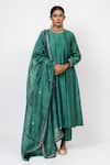 Buy_KAJAL AGRAWAL_Green Chanderi Silk Embroidery Round Neck Sky And Water Handwoven Anarkali Set _at_Aza_Fashions