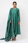 KAJAL AGRAWAL_Green Chanderi Silk Embroidery Round Neck Sky And Water Handwoven Anarkali Set _Online_at_Aza_Fashions