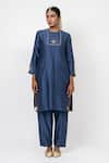 Shop_KAJAL AGRAWAL_Blue Chanderi Silk, Chanderi, Organza Midnight Stars Handwoven Kurta Set _Online_at_Aza_Fashions