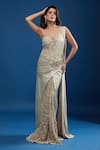 Shop_Tarun Tahiliani_Ivory Sequins, Beads, Embroidery Sweetheart Neck Concept Saree Set _Online_at_Aza_Fashions