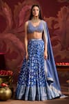 Buy_Lashkaraa_Blue Brocade, Silk, Tissue Sequins, Zari, Beads V-neck Embroidered Lehenga Set _at_Aza_Fashions