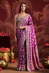 Buy_Lashkaraa_Magenta Brocade, Silk Sequins, Zari, Beads Square Embroidered Saree With Blouse _at_Aza_Fashions