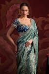 Buy_Lashkaraa_Teal Brocade, Silk Sequins, Zari Round Neck Embroidered Saree With Blouse _Online_at_Aza_Fashions