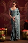 Buy_Lashkaraa_Teal Brocade, Silk Sequins, Zari Round Neck Embroidered Saree With Blouse _at_Aza_Fashions