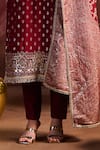 Buy_Lashkaraa_Maroon Brocade Sequins, Zari Round Neck Straight Kurta Set _Online_at_Aza_Fashions